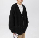 POHADON Mens Cardigan Sweater Button Down Long Sleeve V Neck Cable Knit Sweaters Japanese Streetwear Grunge Clothes (Black,M)