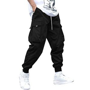 ZAFUL Men's Streetwear Cargo Pants with Flap Pockets & Drawstring Elastic Waist - Casual & Techwear Joggers A-Black