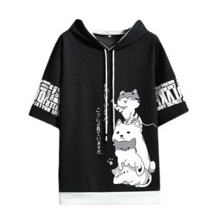 Men Women Y2K Hoodie T-Shirt, Japanese Kawaii Cute Anime Short Sleeve Aesthetic Top Tshirts Streetwear Summer (Black,XL,X-Large)