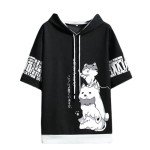 Men Women Y2K Hoodie T-Shirt, Japanese Kawaii Cute Anime Short Sleeve Aesthetic Top Tshirts Streetwear Summer (Black,XL,X-Large)