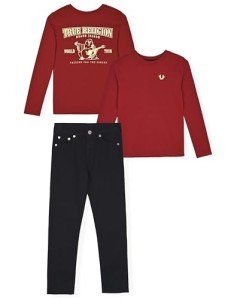 True Religion Boys Denim Set 2 Piece Boys Jeans and Long Sleeve Tee Shirt Set (Red-Gold, 5-6)