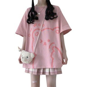 Tyadorw Women's Kawaii Shirt - Aesthetic Harajuku Japanese Streetwear Graphic Tees - Oversized Pink, XL