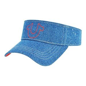 True Religion Hat, Cotton Denim Sun Visor Cap with Horseshoe Logo, Blue and Red, One Size