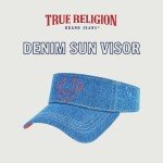 True Religion Hat, Cotton Denim Sun Visor Cap with Horseshoe Logo, Blue and Red, One Size
