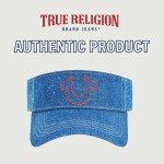 True Religion Hat, Cotton Denim Sun Visor Cap with Horseshoe Logo, Blue and Red, One Size
