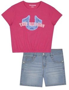 True Religion Girls Jeans Shorts Set Girls Denim Short and Fashion Tee Shirt Clothing Set for Kids