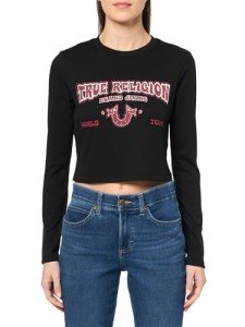 True Religion Women's Western Logo LS Rib Baby TEE​, Jet Black