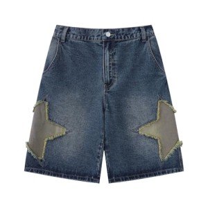 POHADON Y2K Blue Denim Shorts Summer Casual Loose Straight Leg Unisex Baggy Jeans Shorts Jorts Grunge Harajuku Streetwear (Star Patch,2XL)