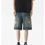 POHADON Y2K Blue Denim Shorts Summer Casual Loose Straight Leg Unisex Baggy Jeans Shorts Jorts Grunge Harajuku Streetwear (Star Patch,2XL)