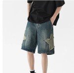 POHADON Y2K Blue Denim Shorts Summer Casual Loose Straight Leg Unisex Baggy Jeans Shorts Jorts Grunge Harajuku Streetwear (Star Patch,2XL)