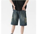 POHADON Y2K Blue Denim Shorts Summer Casual Loose Straight Leg Unisex Baggy Jeans Shorts Jorts Grunge Harajuku Streetwear (Star Patch,2XL)