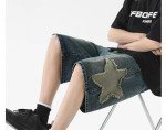 POHADON Y2K Blue Denim Shorts Summer Casual Loose Straight Leg Unisex Baggy Jeans Shorts Jorts Grunge Harajuku Streetwear (Star Patch,2XL)