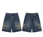 POHADON Y2K Blue Denim Shorts Summer Casual Loose Straight Leg Unisex Baggy Jeans Shorts Jorts Grunge Harajuku Streetwear (Star Patch,2XL)