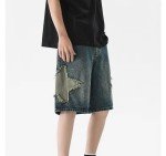 POHADON Y2K Blue Denim Shorts Summer Casual Loose Straight Leg Unisex Baggy Jeans Shorts Jorts Grunge Harajuku Streetwear (Star Patch,2XL)