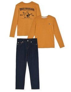 True Religion Boys Denim Set 2 Piece Boys Jeans and Long Sleeve Tee Shirt Set (Mustard-Gold, 12)