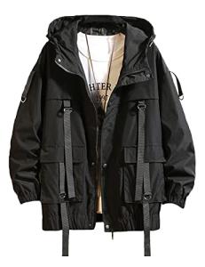 Nutriangee Mens Hip Hop Streetwear Windbreaker Jacket Lightweight Hooded Casual Outdoor Bomber with Ribbons Coat 01 Black Medium