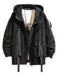 Nutriangee Mens Hip Hop Streetwear Windbreaker Jacket Lightweight Hooded Casual Outdoor Bomber with Ribbons Coat 01 Black Medium