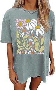 Oversized Graphic Tees Shirt for Women Summer Casual Loose Vacation Tshirts Short Sleeves Flower Tops (Light Green,XL)