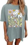Oversized Graphic Tees Shirt for Women Summer Casual Loose Vacation Tshirts Short Sleeves Flower Tops (Light Green,XL)