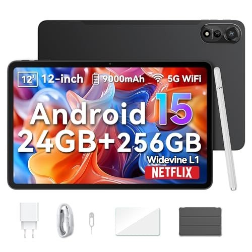 Blackview Android 15 Tablet Mega2 2025, 12 inch Android Tablet with FHD+2K Display, 24GB RAM + 256GB ROM, 9000mAh, Gaming Tablet with Pen &Case, Octa-core Unisoc T615, Widevine L1, Google GMS, Gray