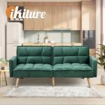 Green Velvet 3-Seater Sofa Bed with Adjustable Backrest