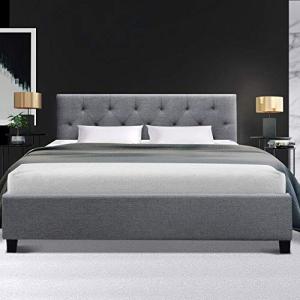 Grey Upholstered Double Bed Frame with Tufted Headboard