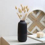 Matte Black Textured Ceramic Ribbed Vase