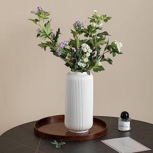White Ceramic Ribbed Vases for Home Decor