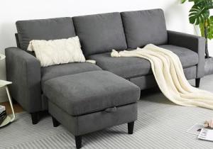 Grey L-Shaped Convertible Sofa with Storage Ottoman