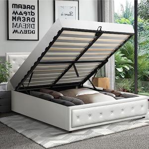 Oikiture White Queen Bed Frame with Storage Space