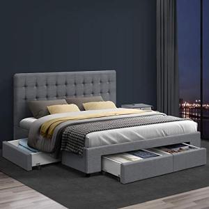 Queen Bed Frame with Tufted Headboard & Storage Drawers