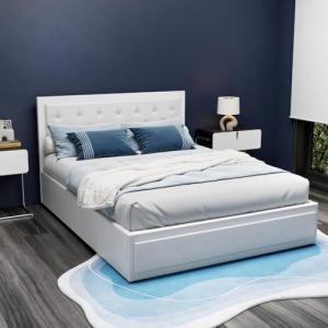 Upholstered Queen Bed Frame with Storage, White Leather