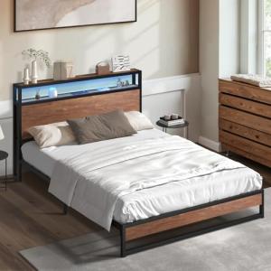 Oikiture Queen Bed Frame with LED Light & Charger