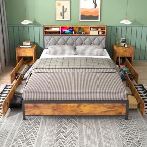 Industrial Queen Bed Frame with Storage Drawers and USB Ports
