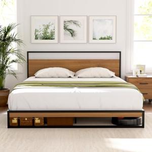 Queen Metal Bed Frame with Headboard and Storage