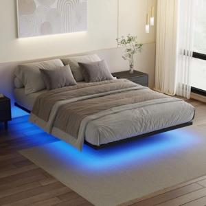 Queen Size Floating Bed Frame with LED Lights