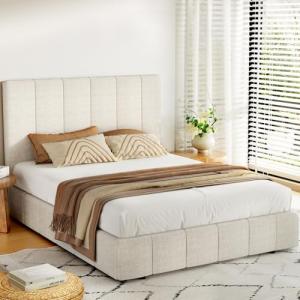 Beige Double Bed Frame with Storage and Comfort