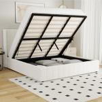 Oikiture White King Bed Frame with Gas Lift