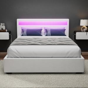 Artiss Queen Bed Frame Platform RGB LED Headboard Gas Lift Beds Base with Storage Space Frames Bedroom Room Decor Home Furniture, Upholstered with White PVC Leather + Foam + Wood, Modern Design