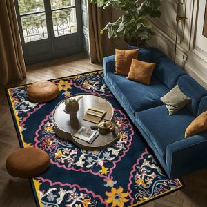 Washable Small Retro Pattern Rug - Dark Blue