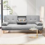 3-Seater Grey Sofa Bed with Cup Holders