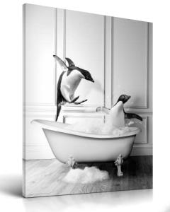iHery Large Framed Funny Bathroom Wall Art Decor, Quality Canvas 12x16in Black and White Wall Art Pictures, Wood Penguin Bathing Animals Abstract Prints for Bedroom Kids Room 1 Pack