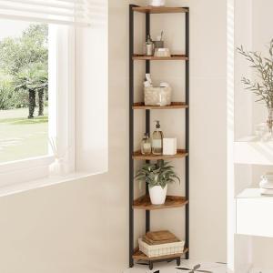 Rustic Brown Corner Shelf Stand with Metal Frame