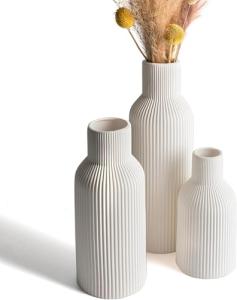 Set of 3 White Ribbed Ceramic Vases