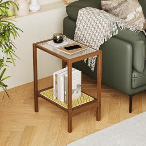Rattan Side Table with Glass Top and Storage