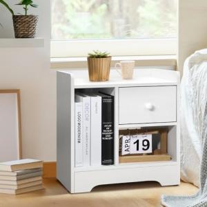 White Nightstand with Drawer and Storage Space