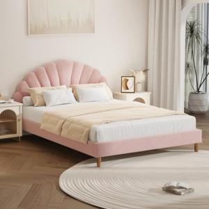 Scallop-Shape Pink Velvet Double Bed Frame