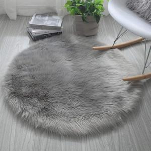 Round Grey Faux Fur Sheepskin Area Rug 60cm