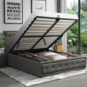 Oikiture Grey Queen Bed Frame with Storage