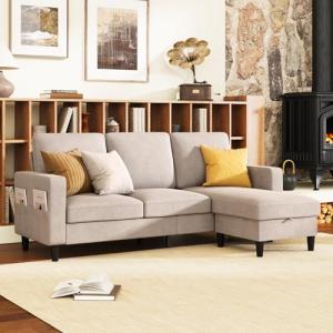 Beige 3-Seater L-Shaped Sectional Sofa with Storage